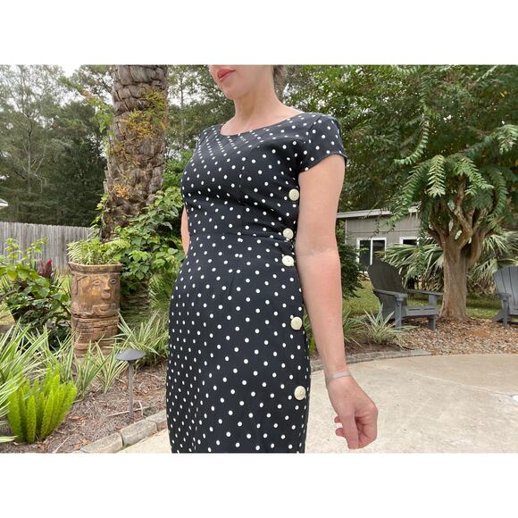 Vintage 90's Just Jacalyn Polka Dot Side Button Midi Dress - Picture 3 of 10